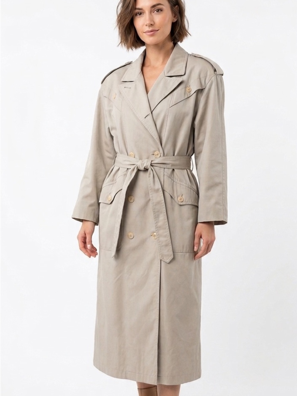 MALBER-ETTE PETITE Vintage Cream Beige Belted Trench Coat Shoulder Pads 12P